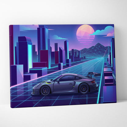 Porsche 911 GT3 RS Inspired Gray Purple Canvas Wall Art Vaporwave Neon City Sports Car Artwork, Retro Futuristic Garage Decor