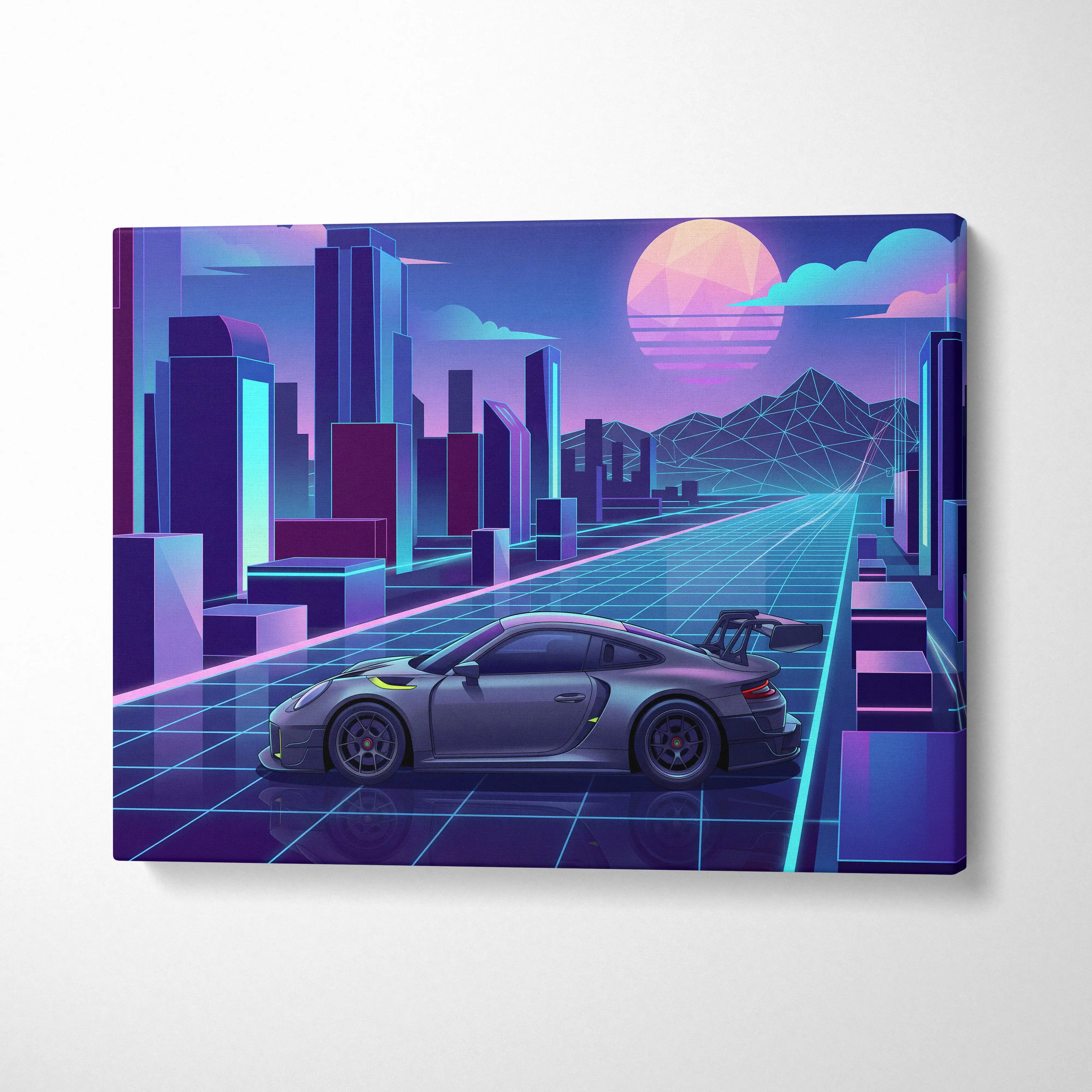 Porsche 911 GT3 RS Inspired Gray Purple Canvas Wall Art Vaporwave Neon City Sports Car Artwork, Retro Futuristic Garage Decor