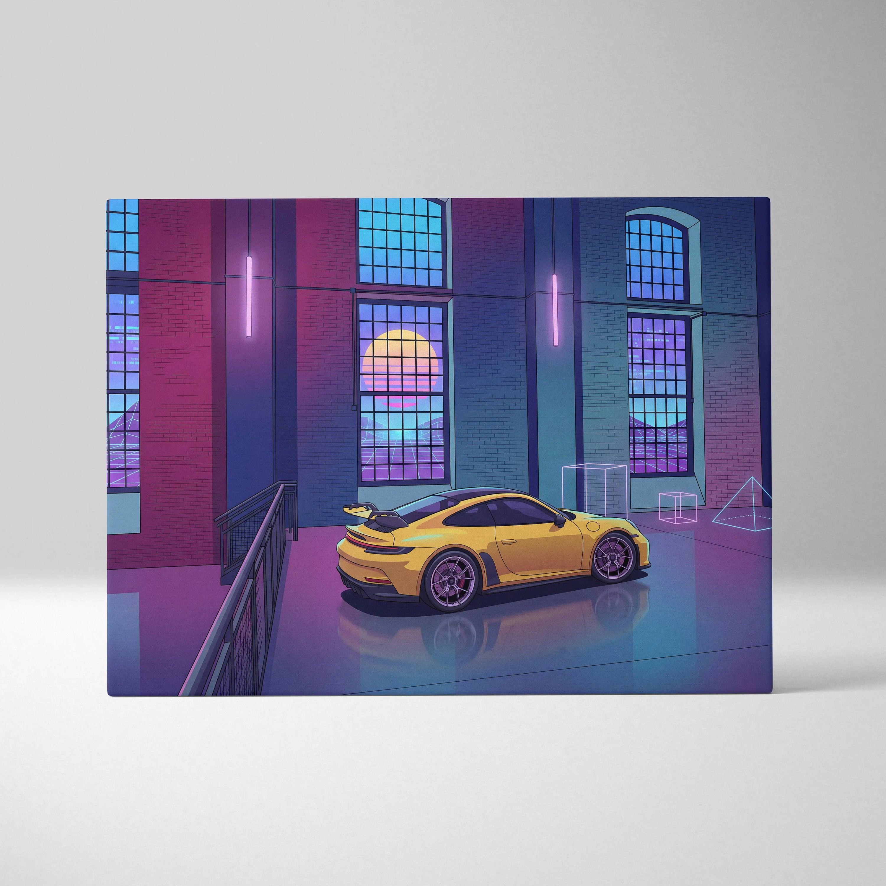 Porsche 911 GT3 RS Inspired Yellow Purple Canvas Wall Art Vaporwave Sports Car Artwork Neon Garage Decor Retro Futuristic City Print