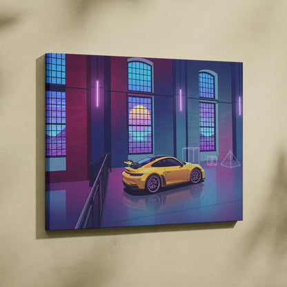 Porsche 911 GT3 RS Inspired Yellow Purple Canvas Wall Art Vaporwave Sports Car Artwork Neon Garage Decor Retro Futuristic City Print