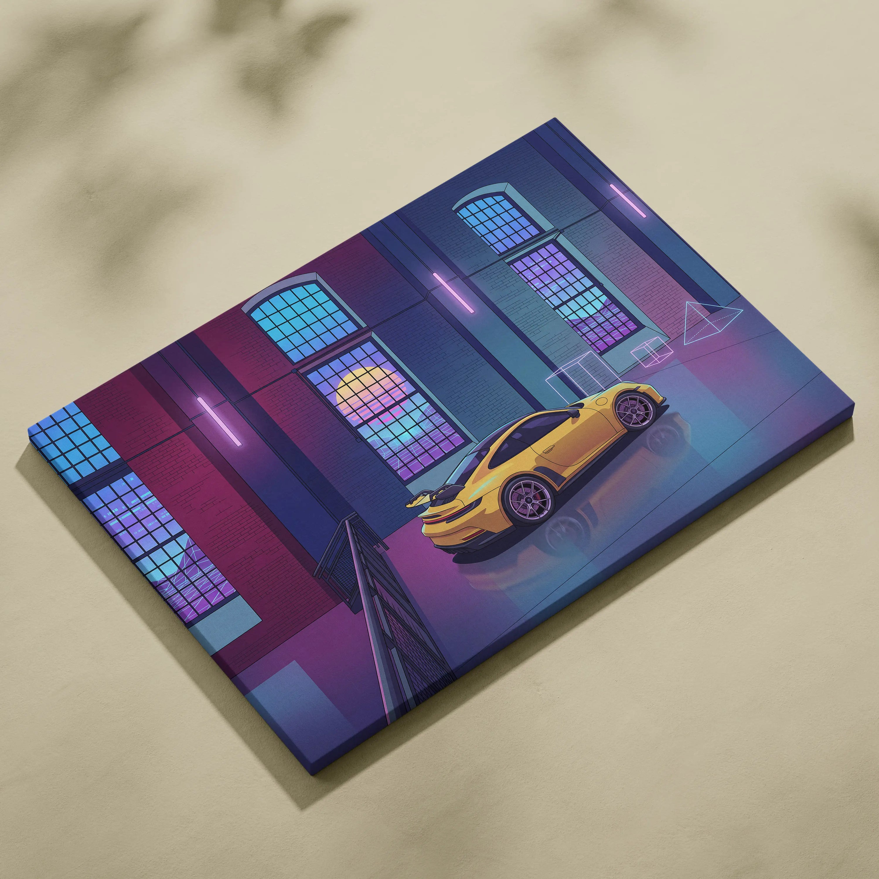 Porsche 911 GT3 RS Inspired Yellow Purple Canvas Wall Art Vaporwave Sports Car Artwork Neon Garage Decor Retro Futuristic City Print