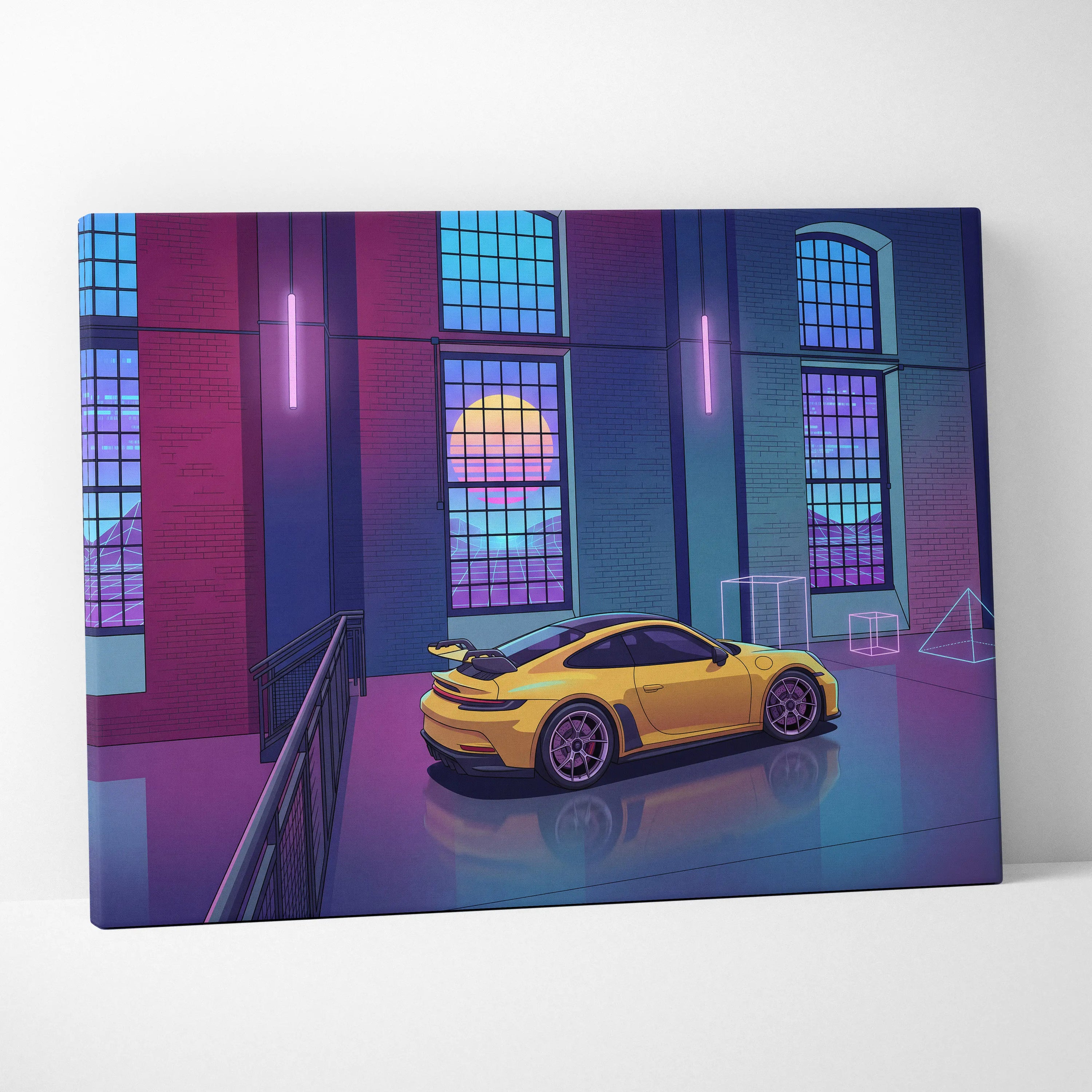 Porsche 911 GT3 RS Inspired Yellow Purple Canvas Wall Art Vaporwave Sports Car Artwork Neon Garage Decor Retro Futuristic City Print
