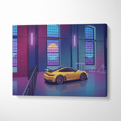Porsche 911 GT3 RS Inspired Yellow Purple Canvas Wall Art Vaporwave Sports Car Artwork Neon Garage Decor Retro Futuristic City Print