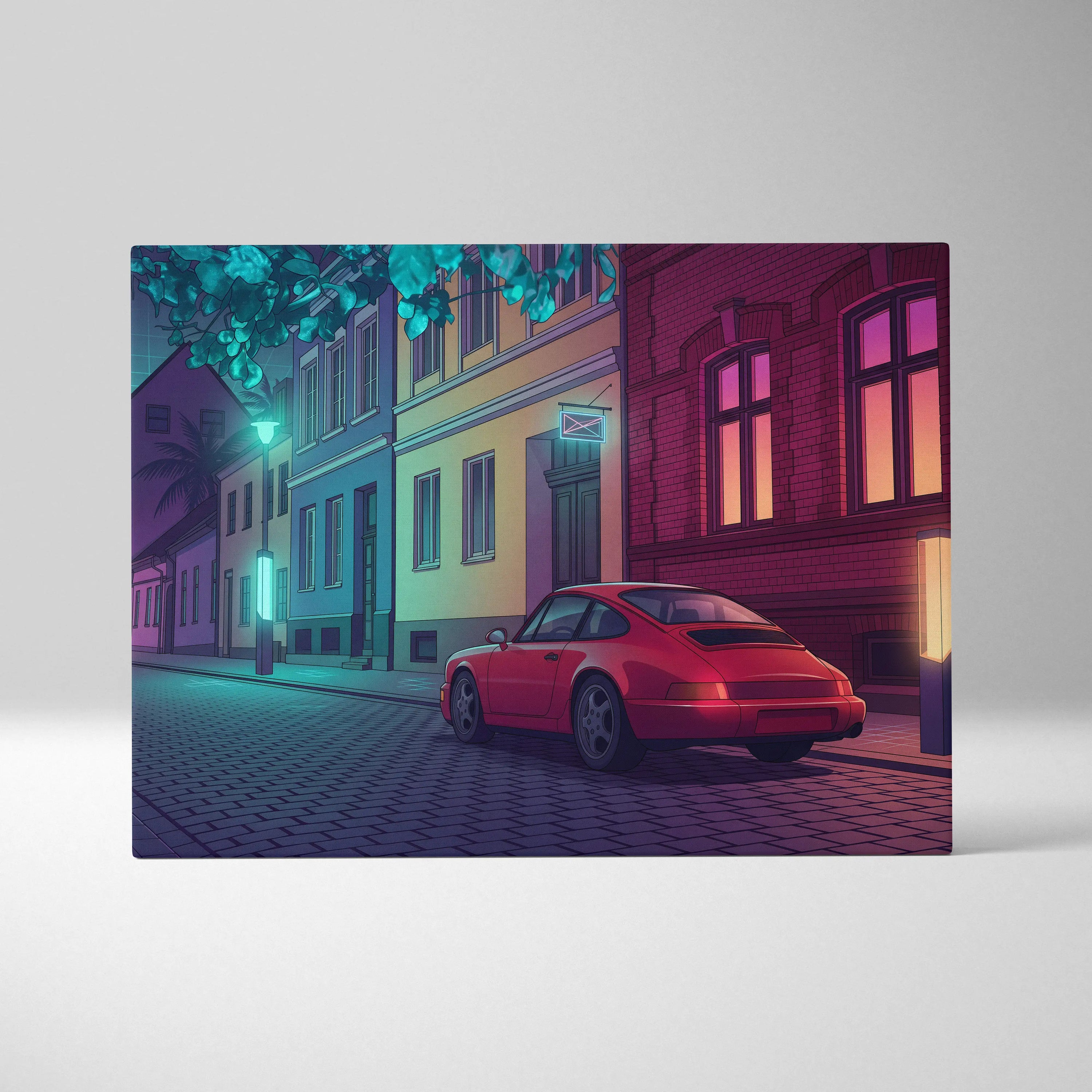 Porsche 911 Inspired Red Purple Canvas Wall Art Vaporwave Classic Sports Car Artwork Neon Street Garage Decor Retro Futuristic City Print