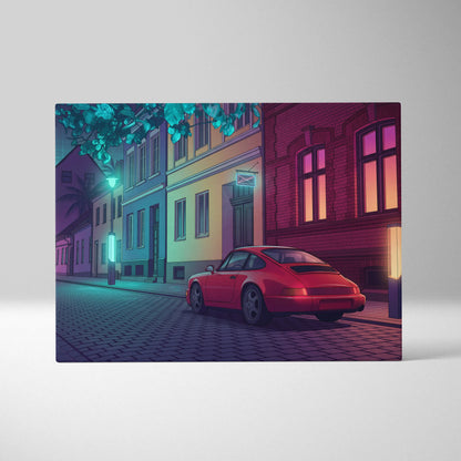 Porsche 911 Inspired Red Purple Canvas Wall Art Vaporwave Classic Sports Car Artwork Neon Street Garage Decor Retro Futuristic City Print