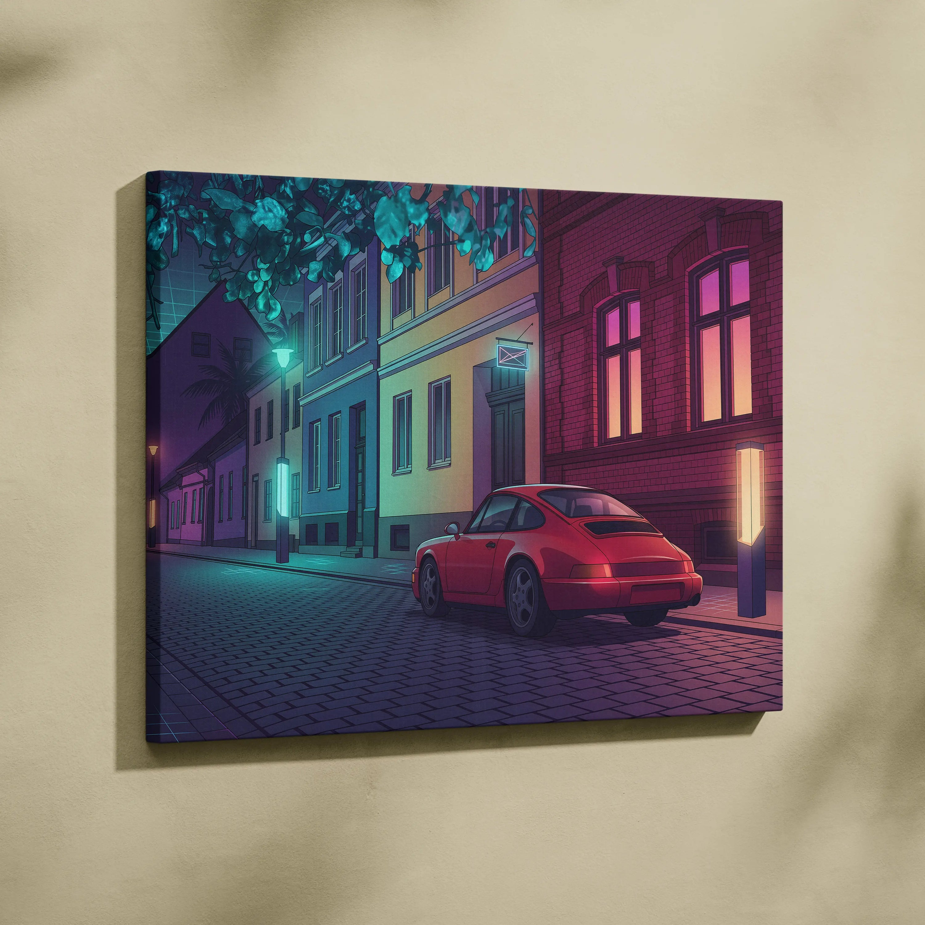 Porsche 911 Inspired Red Purple Canvas Wall Art Vaporwave Classic Sports Car Artwork Neon Street Garage Decor Retro Futuristic City Print