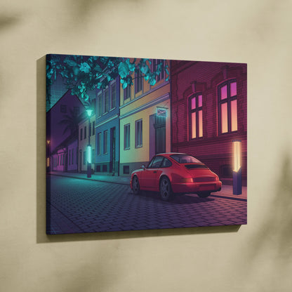 Porsche 911 Inspired Red Purple Canvas Wall Art Vaporwave Classic Sports Car Artwork Neon Street Garage Decor Retro Futuristic City Print
