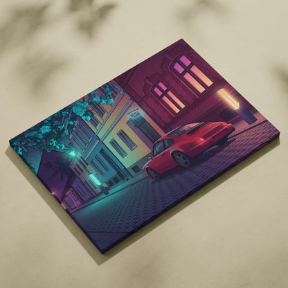 Porsche 911 Inspired Red Purple Canvas Wall Art Vaporwave Classic Sports Car Artwork Neon Street Garage Decor Retro Futuristic City Print