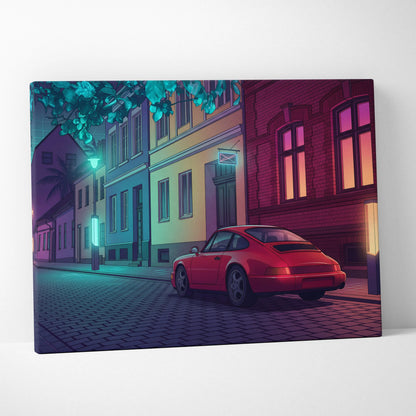 Porsche 911 Inspired Red Purple Canvas Wall Art Vaporwave Classic Sports Car Artwork Neon Street Garage Decor Retro Futuristic City Print