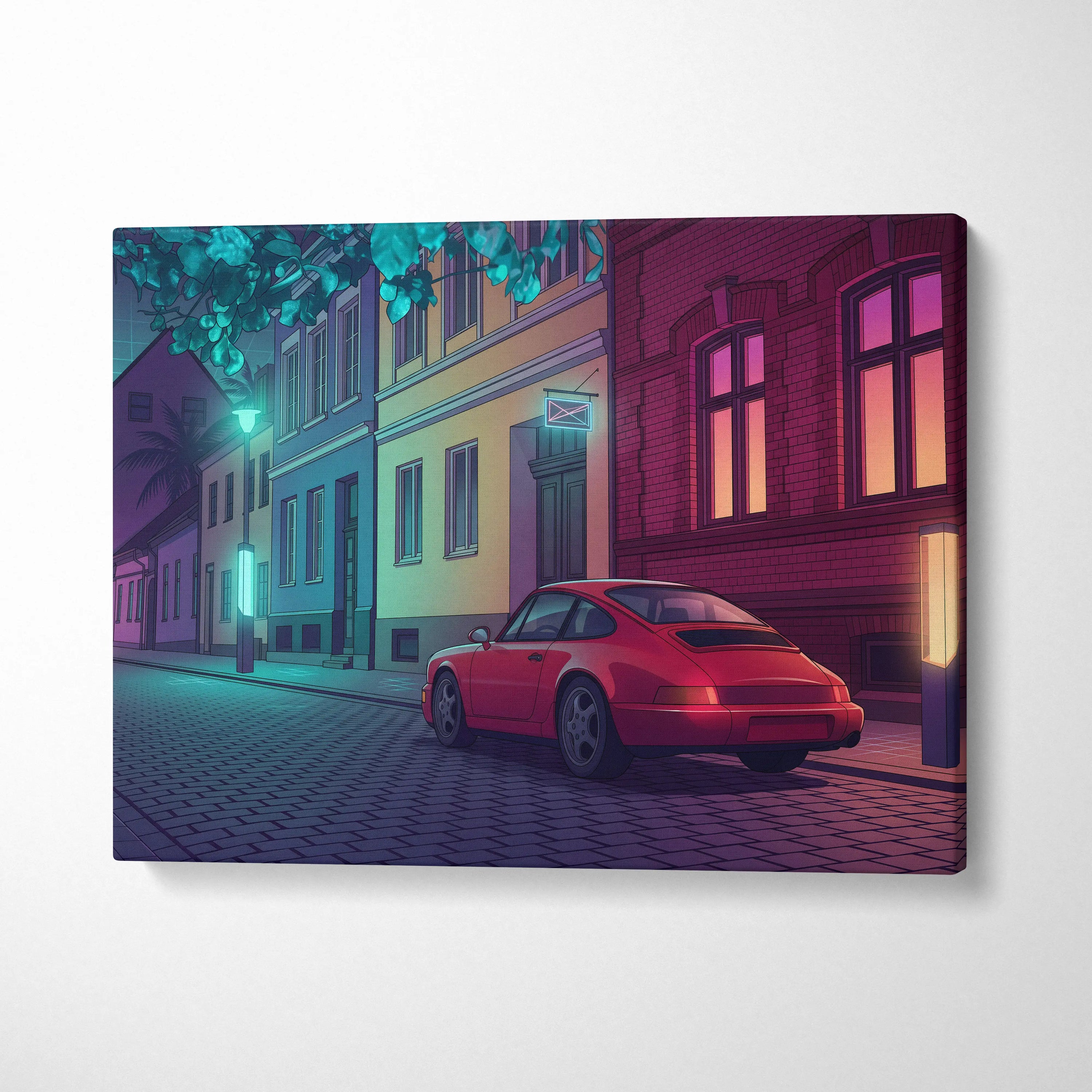 Porsche 911 Inspired Red Purple Canvas Wall Art Vaporwave Classic Sports Car Artwork Neon Street Garage Decor Retro Futuristic City Print