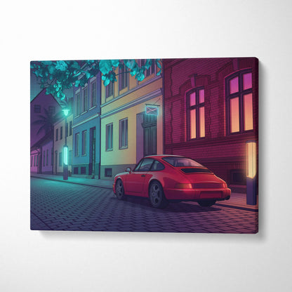 Porsche 911 Inspired Red Purple Canvas Wall Art Vaporwave Classic Sports Car Artwork Neon Street Garage Decor Retro Futuristic City Print