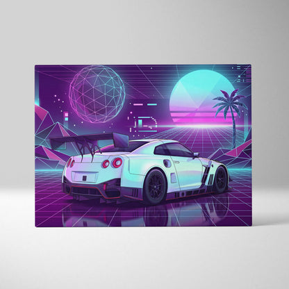Nissan GT-R R35 Inspired White Purple Canvas Wall Art Vaporwave Neon Grid JDM Car Artwork, Retro Cyberpunk Garage Decor
