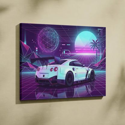 Nissan GT-R R35 Inspired White Purple Canvas Wall Art Vaporwave Neon Grid JDM Car Artwork, Retro Cyberpunk Garage Decor