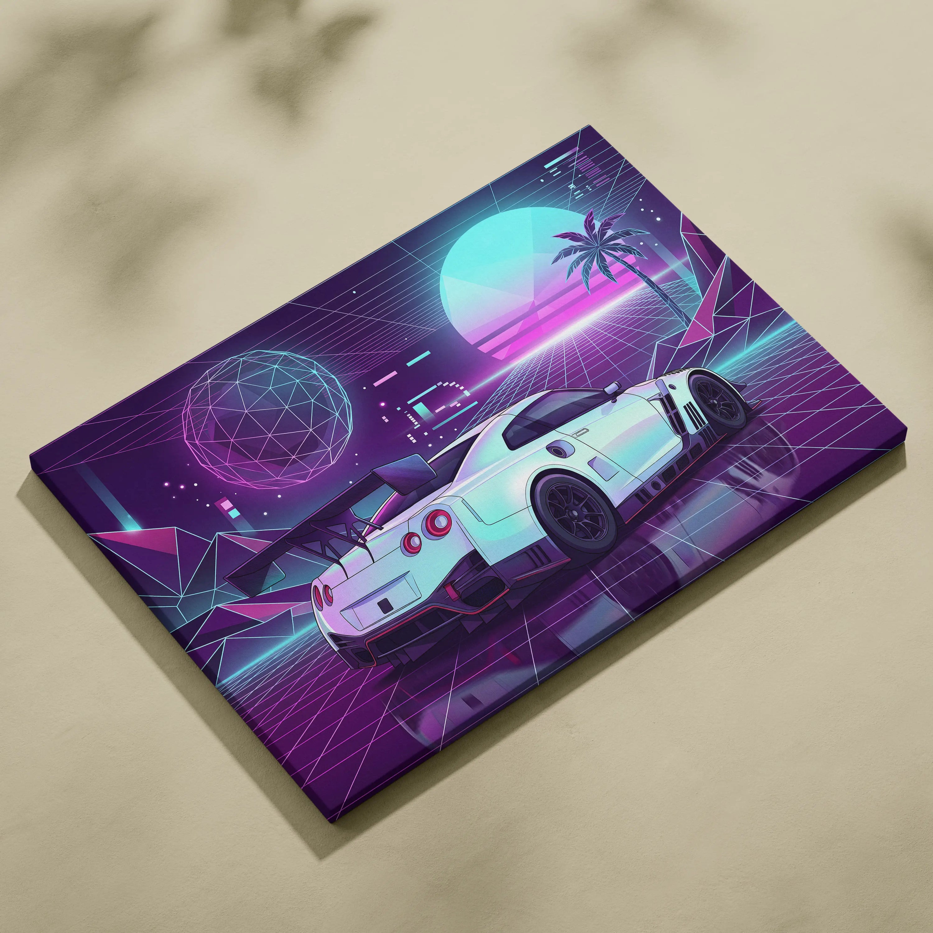 Nissan GT-R R35 Inspired White Purple Canvas Wall Art Vaporwave Neon Grid JDM Car Artwork, Retro Cyberpunk Garage Decor