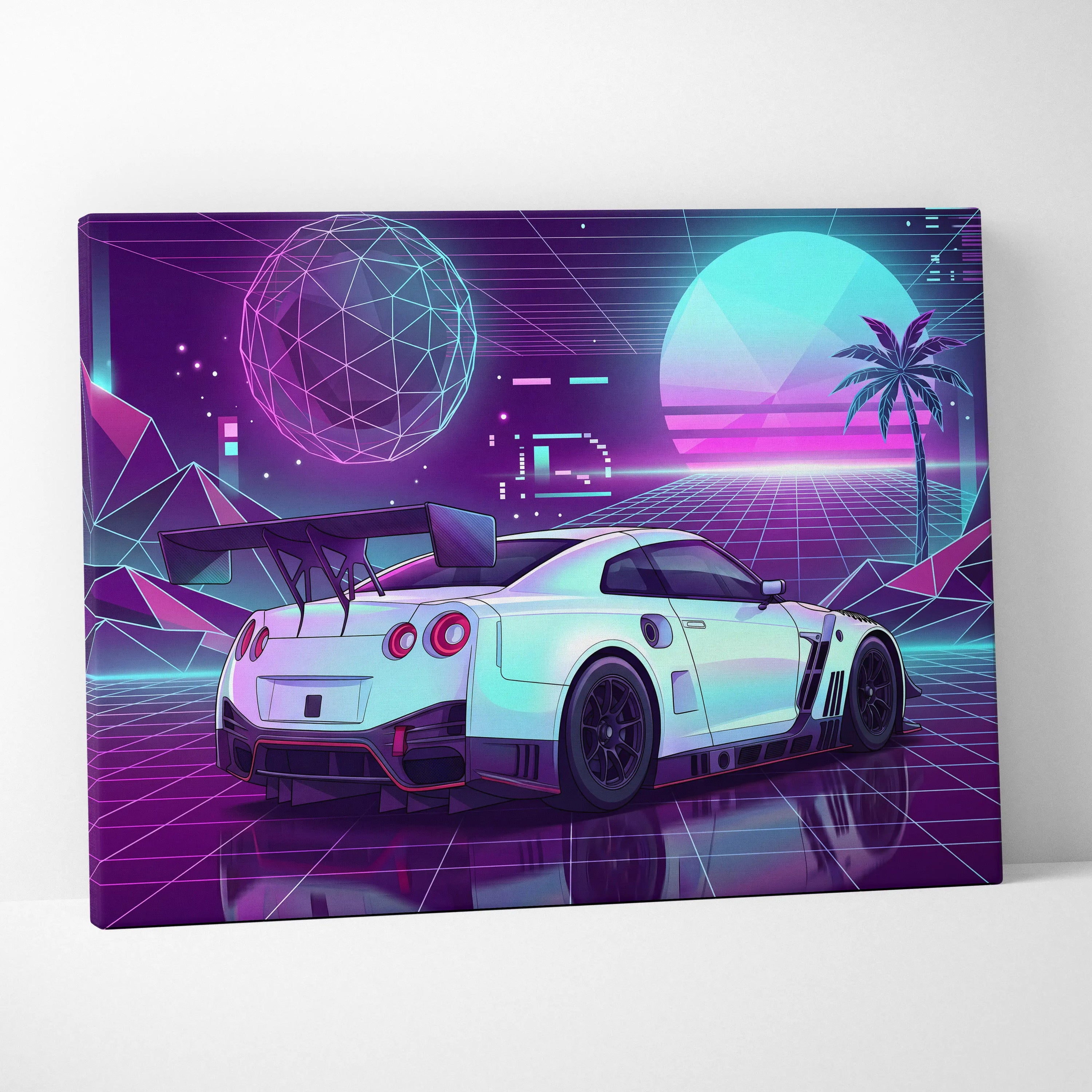Nissan GT-R R35 Inspired White Purple Canvas Wall Art Vaporwave Neon Grid JDM Car Artwork, Retro Cyberpunk Garage Decor
