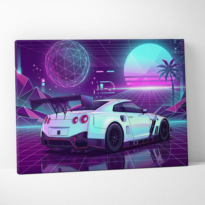 Nissan GT-R R35 Inspired White Purple Canvas Wall Art Vaporwave Neon Grid JDM Car Artwork, Retro Cyberpunk Garage Decor