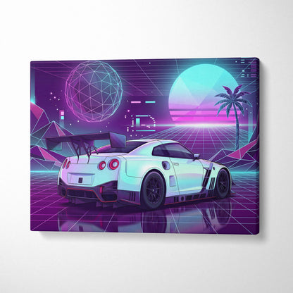 Nissan GT-R R35 Inspired White Purple Canvas Wall Art Vaporwave Neon Grid JDM Car Artwork, Retro Cyberpunk Garage Decor