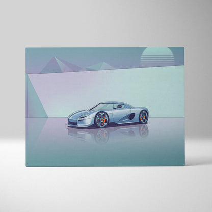 Koenigsegg CCX Inspired Silver Teal Canvas Wall Art Vaporwave Hypercar Artwork Minimal Neon Desert Garage Decor Retro Futuristic Sunset Print