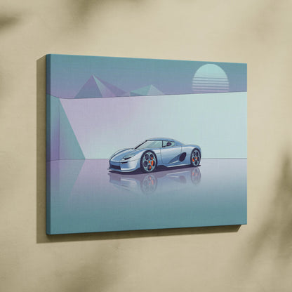 Koenigsegg CCX Inspired Silver Teal Canvas Wall Art Vaporwave Hypercar Artwork Minimal Neon Desert Garage Decor Retro Futuristic Sunset Print
