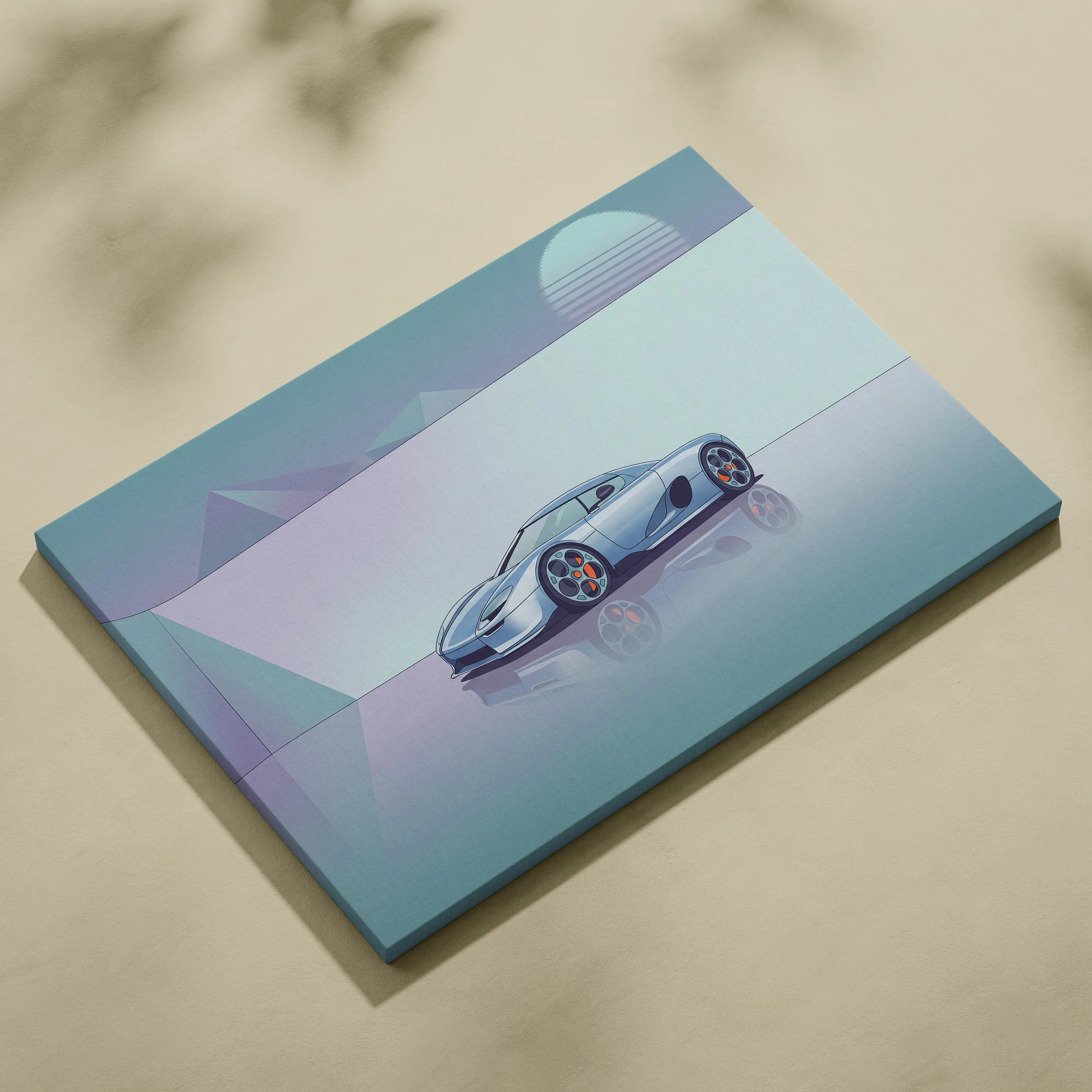 Koenigsegg CCX Inspired Silver Teal Canvas Wall Art Vaporwave Hypercar Artwork Minimal Neon Desert Garage Decor Retro Futuristic Sunset Print