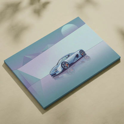 Koenigsegg CCX Inspired Silver Teal Canvas Wall Art Vaporwave Hypercar Artwork Minimal Neon Desert Garage Decor Retro Futuristic Sunset Print