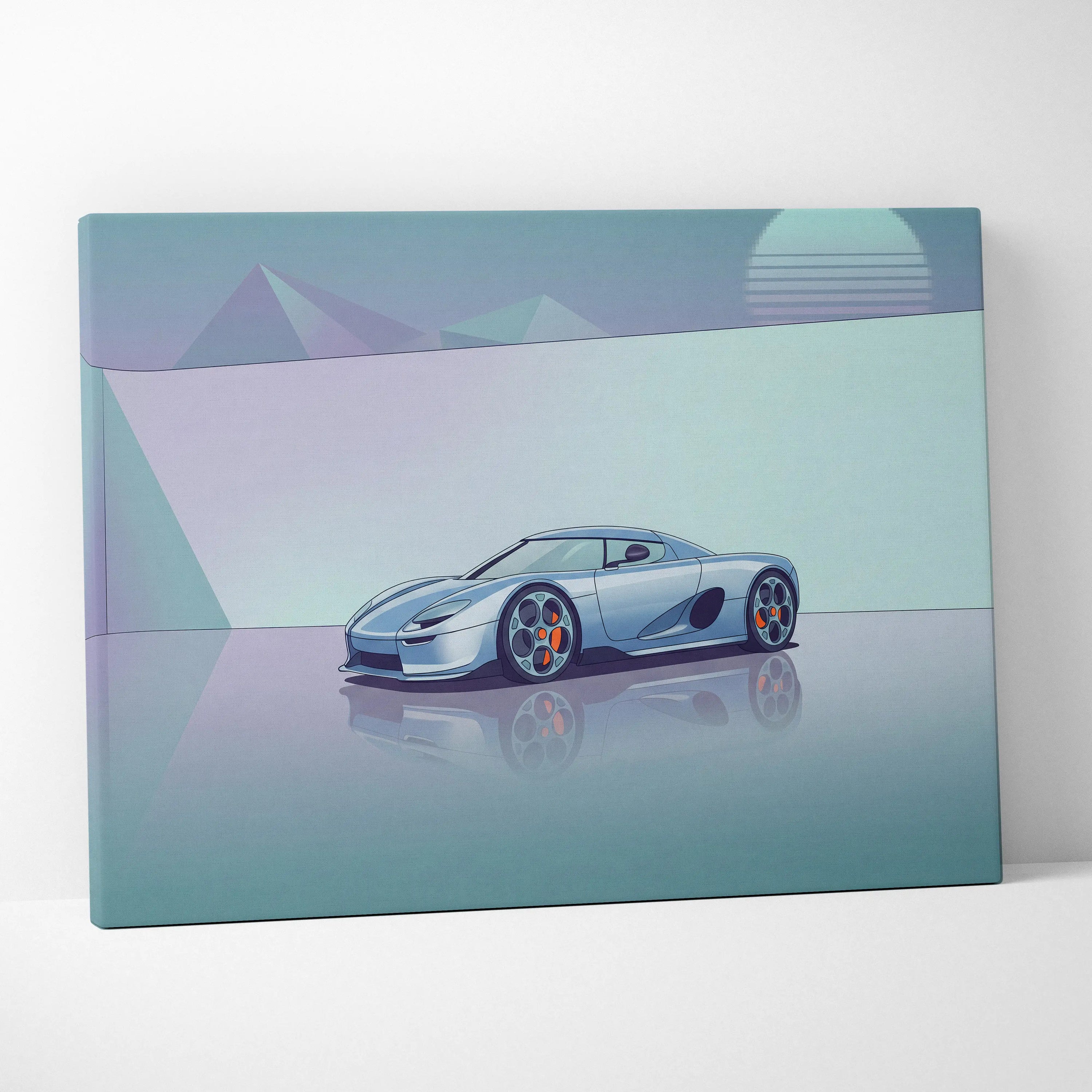 Koenigsegg CCX Inspired Silver Teal Canvas Wall Art Vaporwave Hypercar Artwork Minimal Neon Desert Garage Decor Retro Futuristic Sunset Print