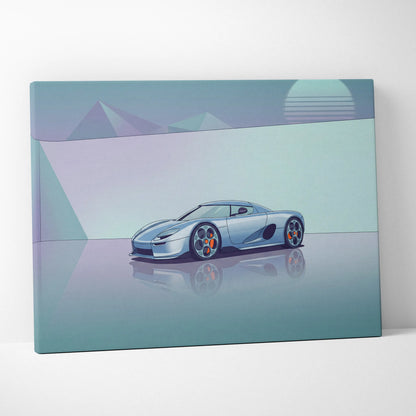 Koenigsegg CCX Inspired Silver Teal Canvas Wall Art Vaporwave Hypercar Artwork Minimal Neon Desert Garage Decor Retro Futuristic Sunset Print