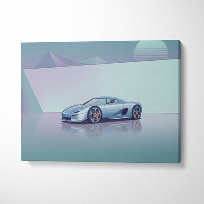 Koenigsegg CCX Inspired Silver Teal Canvas Wall Art Vaporwave Hypercar Artwork Minimal Neon Desert Garage Decor Retro Futuristic Sunset Print