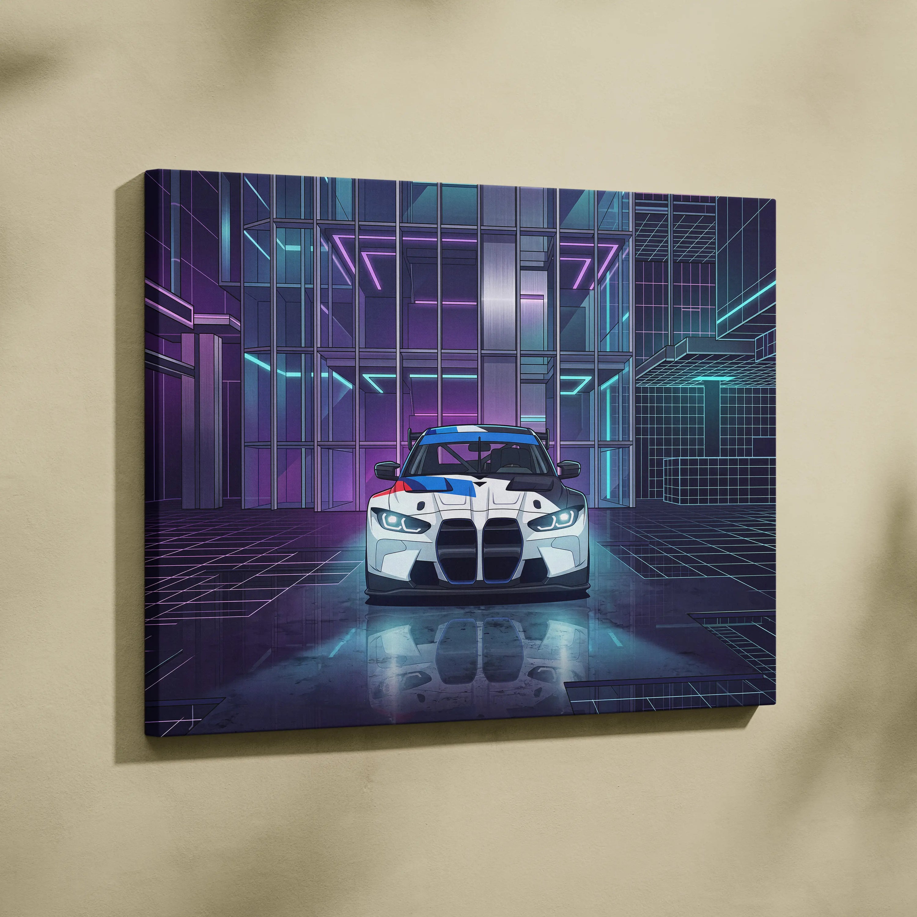BMW M4 GT3 Inspired Vaporwave Art - Car Neon Pink Purple Blue Living Room Retro Futurism Energetic Neon Vaporwave Canvas