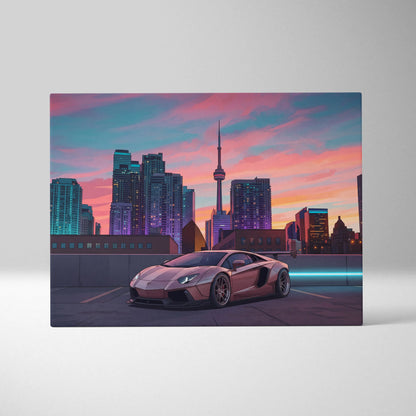 Lamborghini Aventador Inspired Pink Purple Canvas Wall Art, Vaporwave Supercar Artwork, Neon City Skyline Decor, Retro Futuristic Exotic Car Print