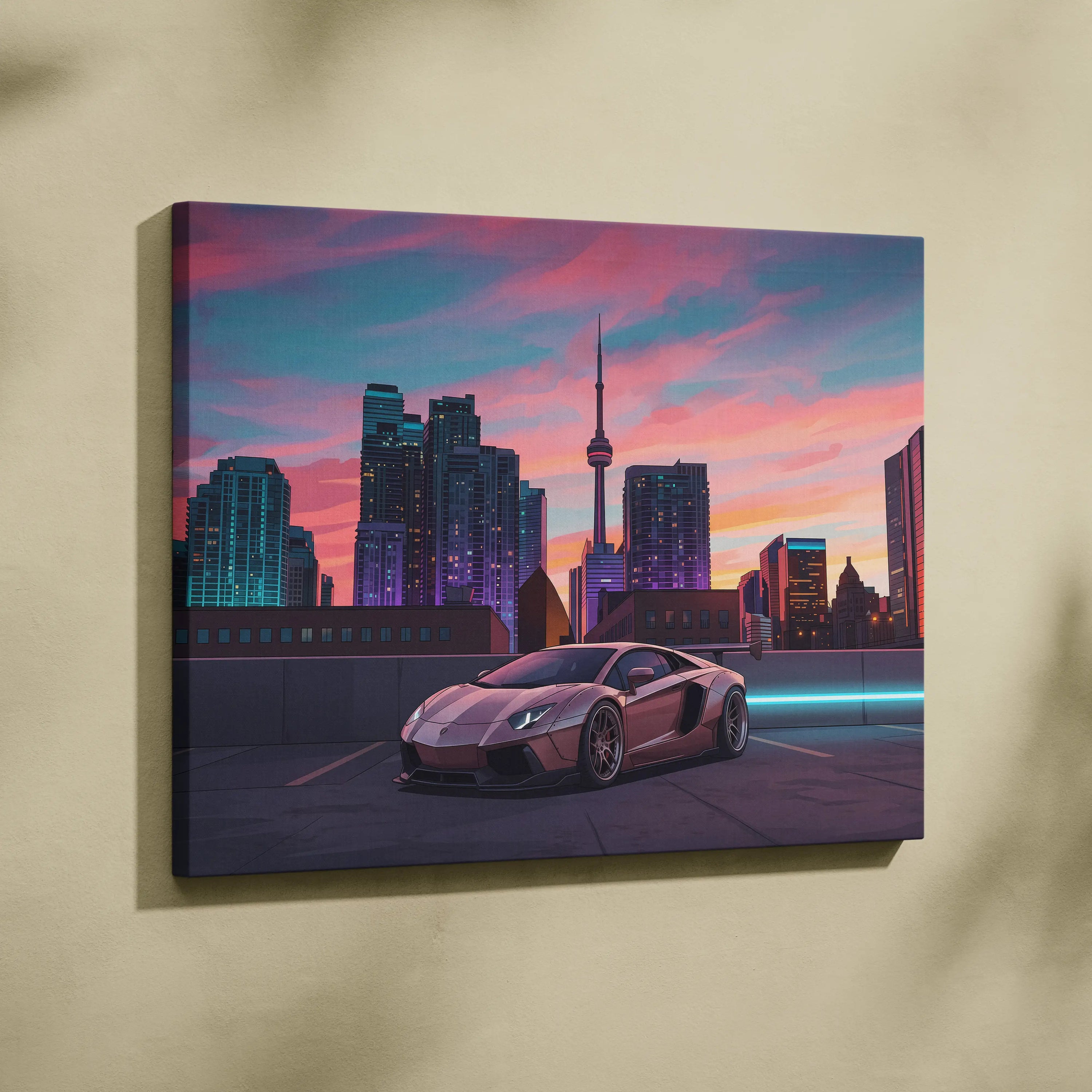 Lamborghini Aventador Inspired Pink Purple Canvas Wall Art, Vaporwave Supercar Artwork, Neon City Skyline Decor, Retro Futuristic Exotic Car Print