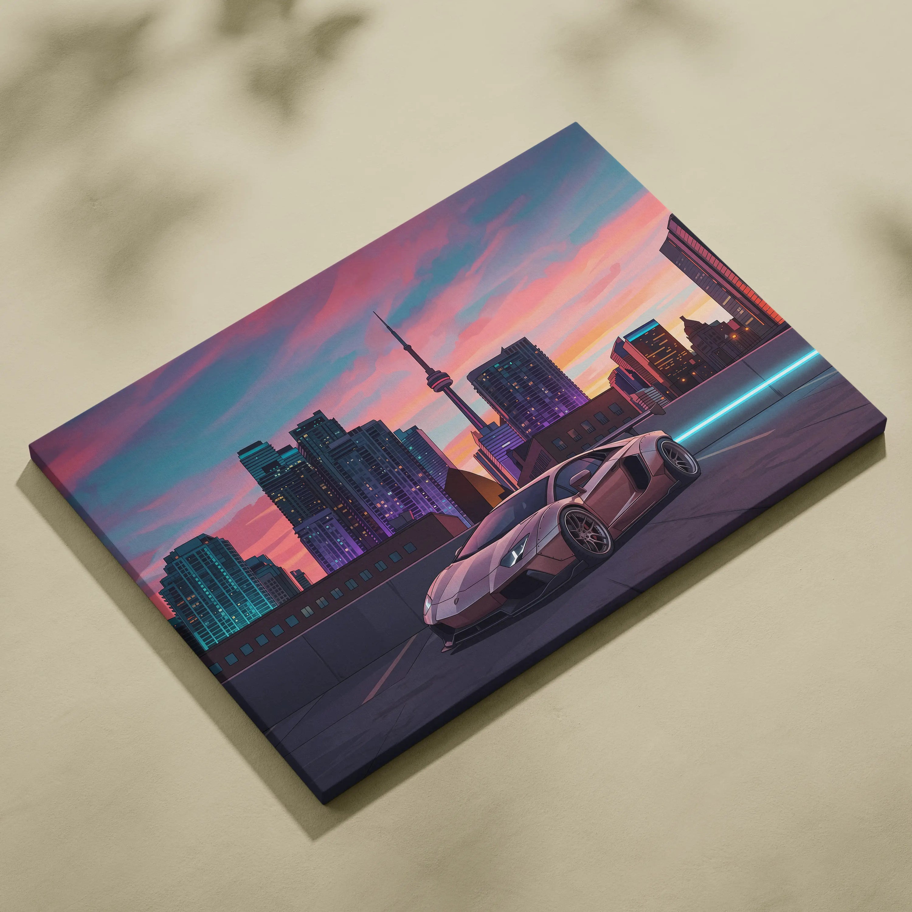 Lamborghini Aventador Inspired Pink Purple Canvas Wall Art, Vaporwave Supercar Artwork, Neon City Skyline Decor, Retro Futuristic Exotic Car Print