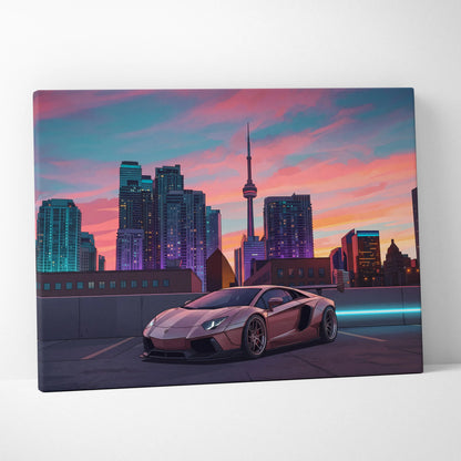 Lamborghini Aventador Inspired Pink Purple Canvas Wall Art, Vaporwave Supercar Artwork, Neon City Skyline Decor, Retro Futuristic Exotic Car Print