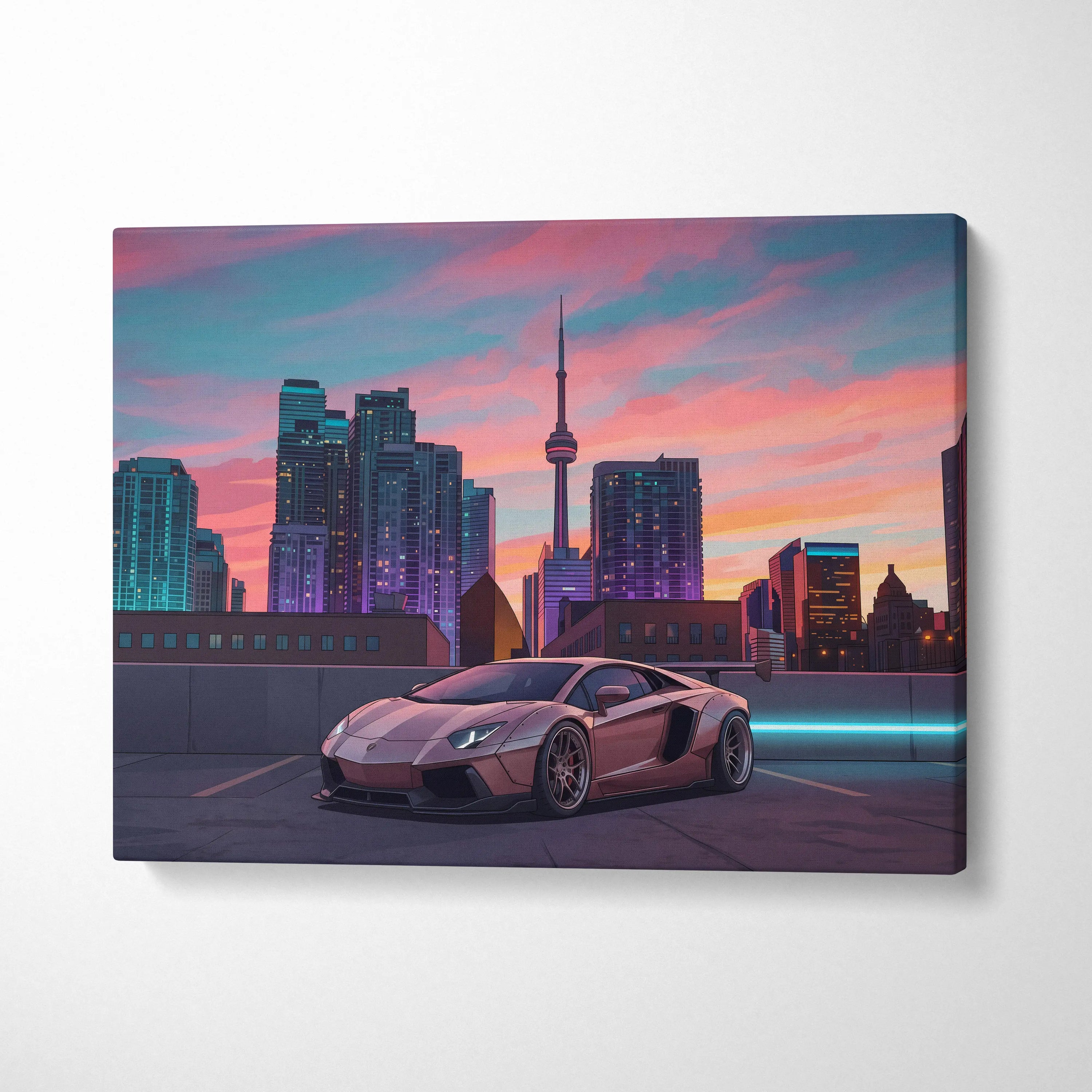Lamborghini Aventador Inspired Pink Purple Canvas Wall Art, Vaporwave Supercar Artwork, Neon City Skyline Decor, Retro Futuristic Exotic Car Print