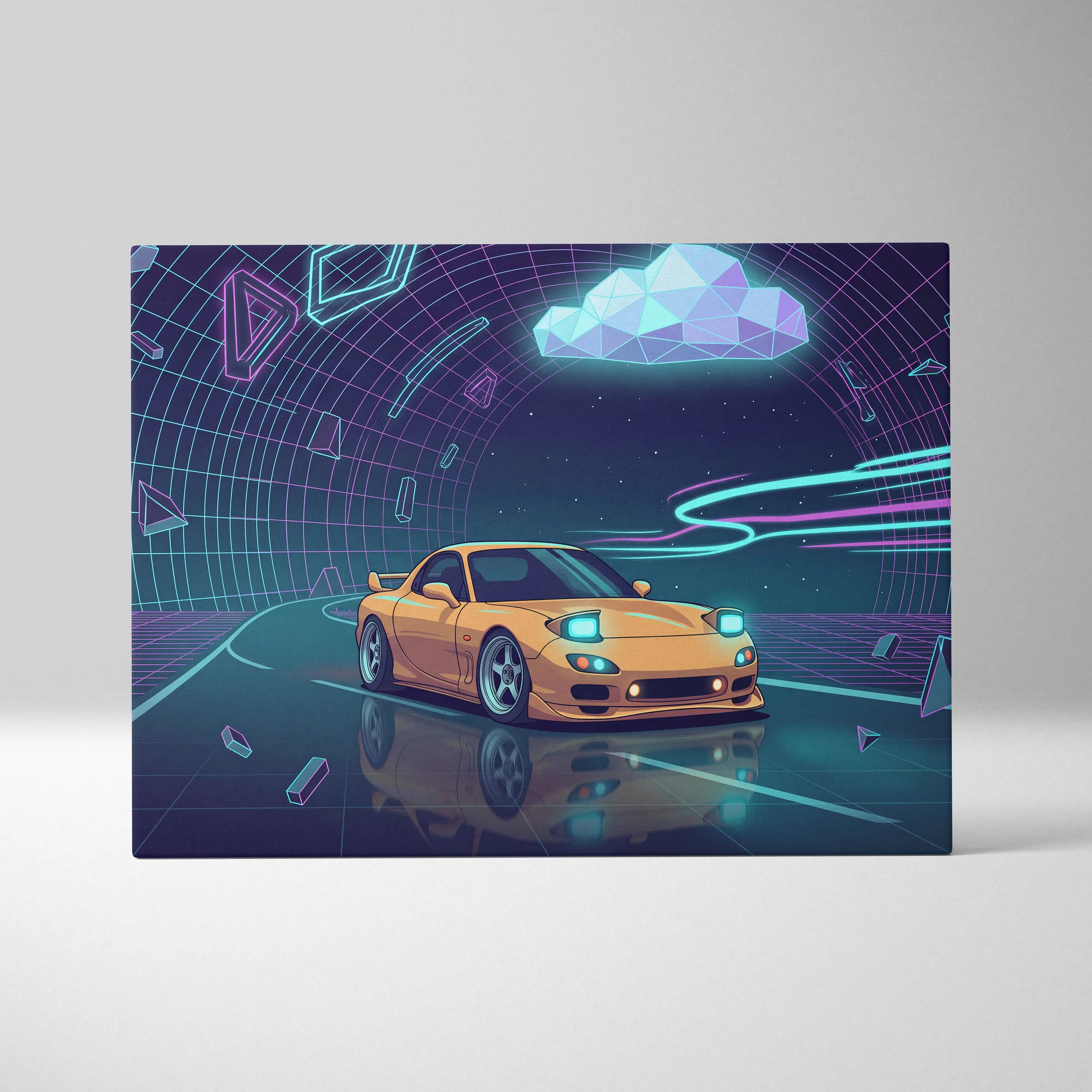 Mazda RX-7 FD Inspired Yellow Purple Canvas Wall Art, Neon Vaporwave JDM Sports Car Artwork for Futuristic Garage Decor