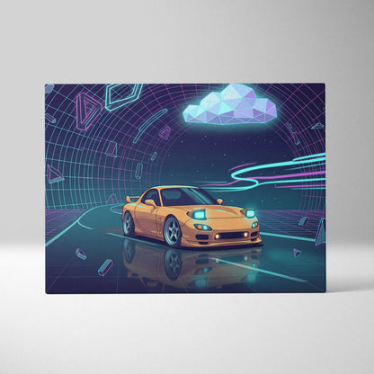 Mazda RX-7 FD Inspired Yellow Purple Canvas Wall Art, Neon Vaporwave JDM Sports Car Artwork for Futuristic Garage Decor