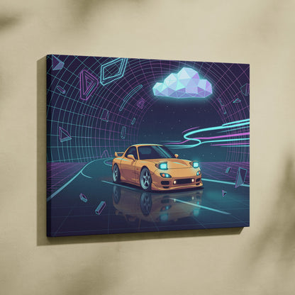 Mazda RX-7 FD Inspired Yellow Purple Canvas Wall Art, Neon Vaporwave JDM Sports Car Artwork for Futuristic Garage Decor