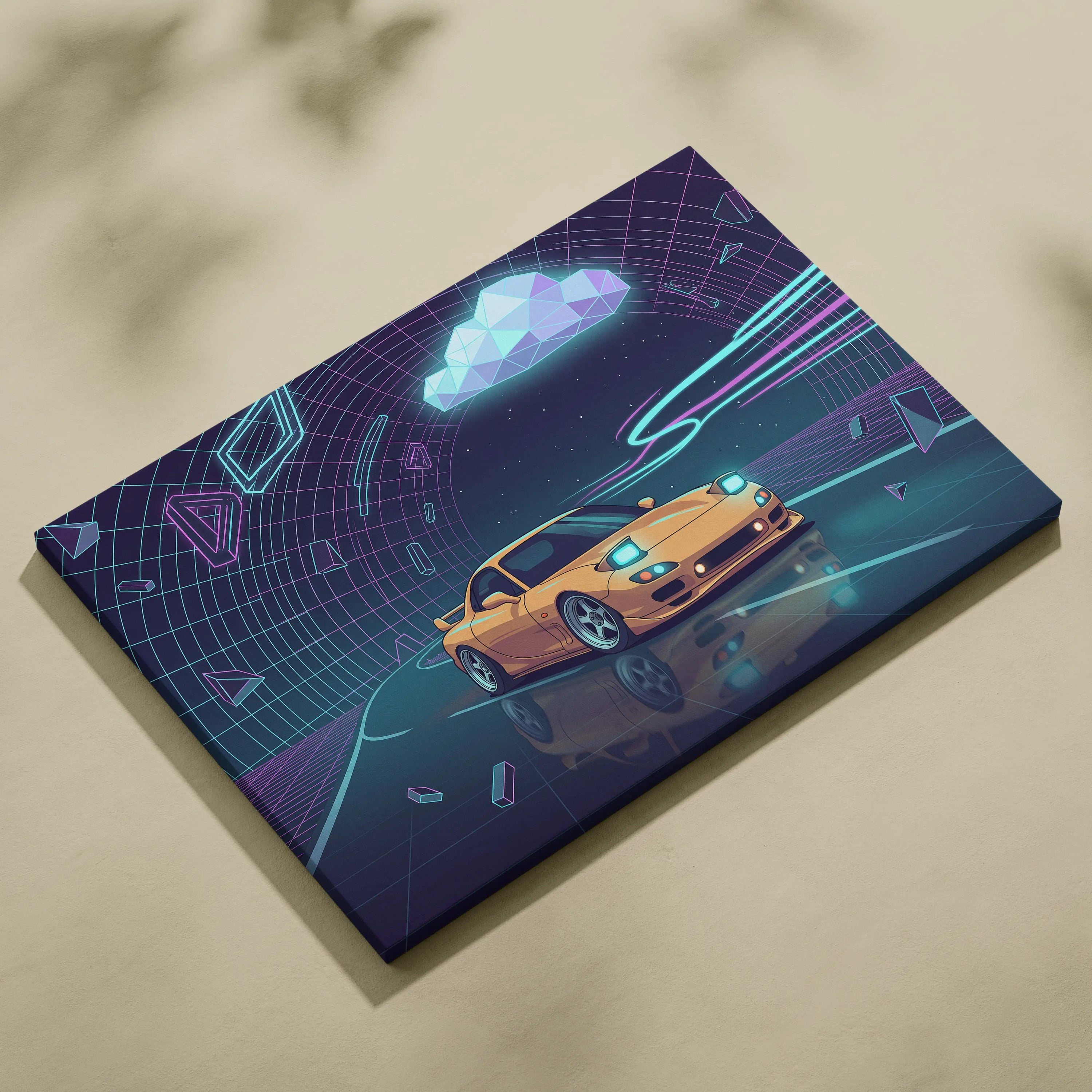 Mazda RX-7 FD Inspired Yellow Purple Canvas Wall Art, Neon Vaporwave JDM Sports Car Artwork for Futuristic Garage Decor