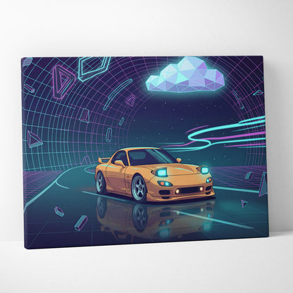 Mazda RX-7 FD Inspired Yellow Purple Canvas Wall Art, Neon Vaporwave JDM Sports Car Artwork for Futuristic Garage Decor
