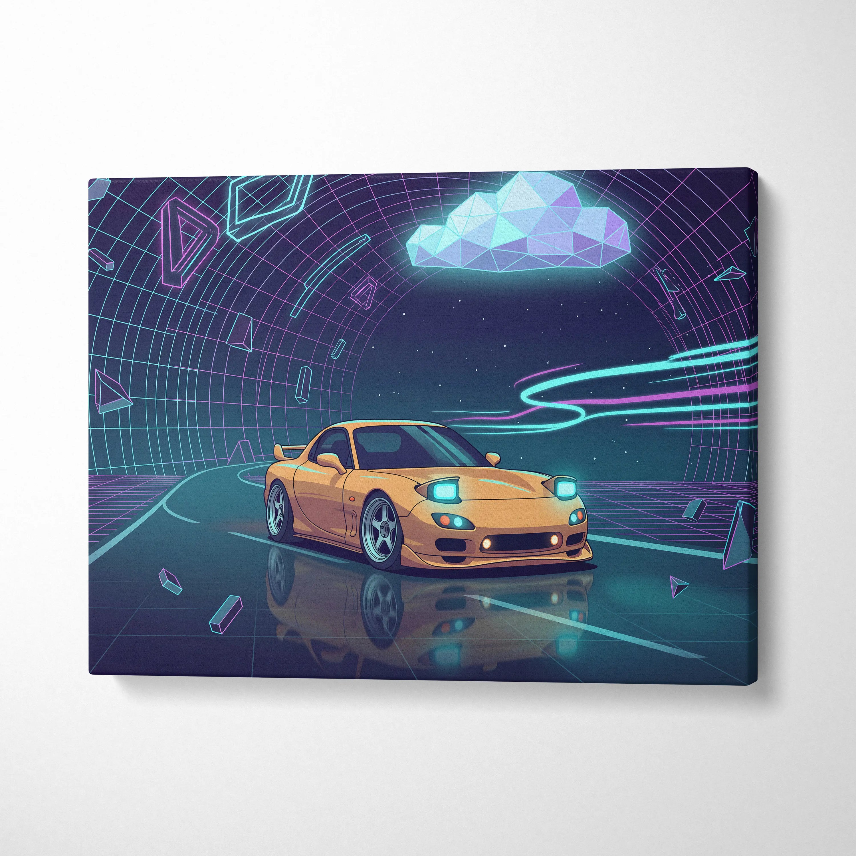 Mazda RX-7 FD Inspired Yellow Purple Canvas Wall Art, Neon Vaporwave JDM Sports Car Artwork for Futuristic Garage Decor