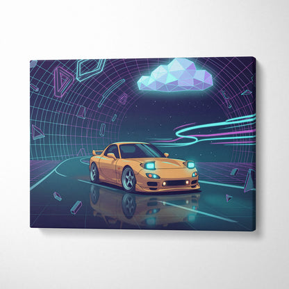 Mazda RX-7 FD Inspired Yellow Purple Canvas Wall Art, Neon Vaporwave JDM Sports Car Artwork for Futuristic Garage Decor