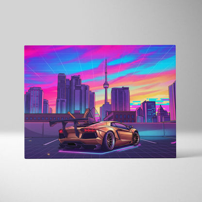 Lamborghini Aventador Inspired Gold Purple Canvas Wall Art, Vaporwave Supercar Artwork, Neon City Skyline Decor, Retro Futuristic Exotic Car Print