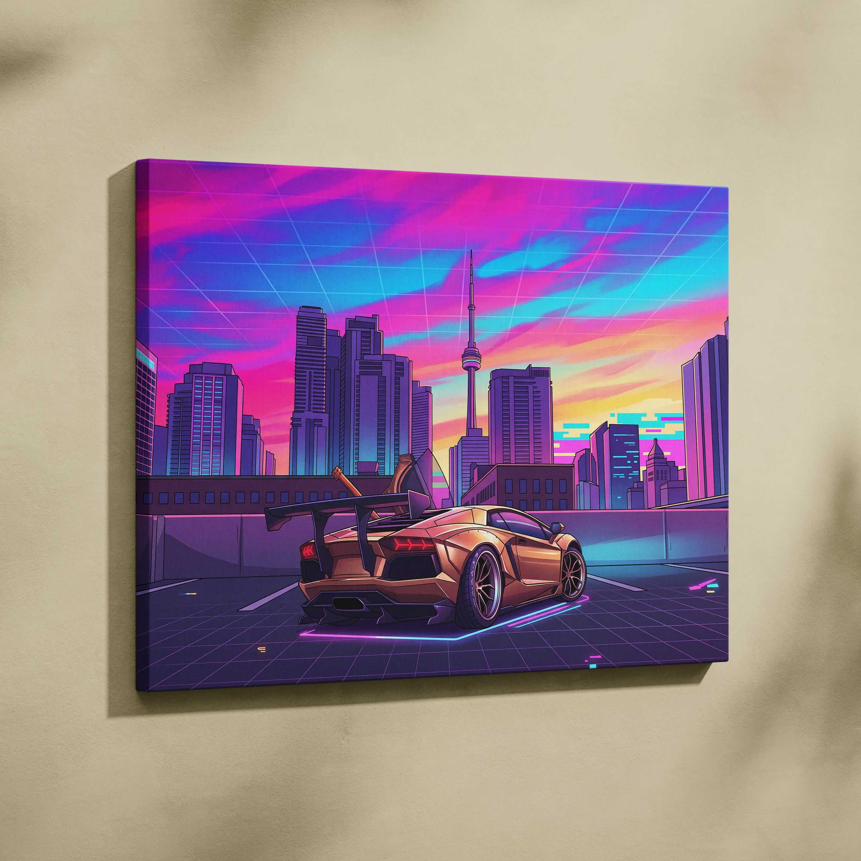 Lamborghini Aventador Inspired Gold Purple Canvas Wall Art, Vaporwave Supercar Artwork, Neon City Skyline Decor, Retro Futuristic Exotic Car Print
