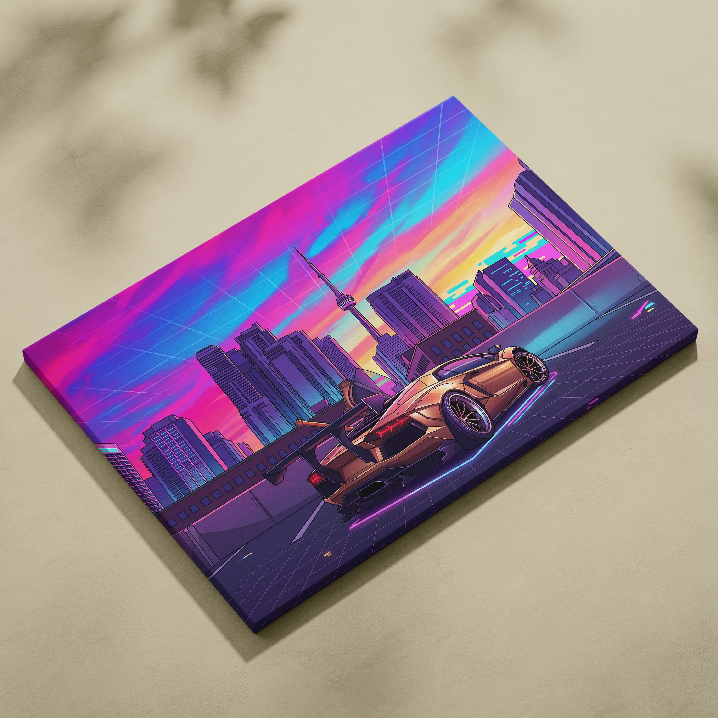 Lamborghini Aventador Inspired Gold Purple Canvas Wall Art, Vaporwave Supercar Artwork, Neon City Skyline Decor, Retro Futuristic Exotic Car Print