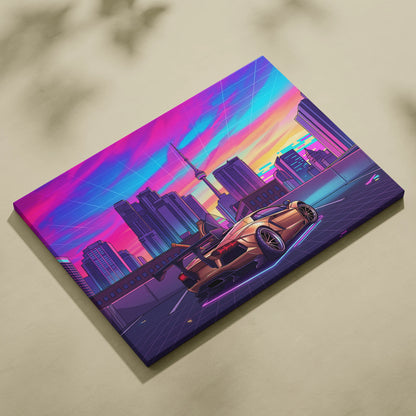 Lamborghini Aventador Inspired Gold Purple Canvas Wall Art, Vaporwave Supercar Artwork, Neon City Skyline Decor, Retro Futuristic Exotic Car Print