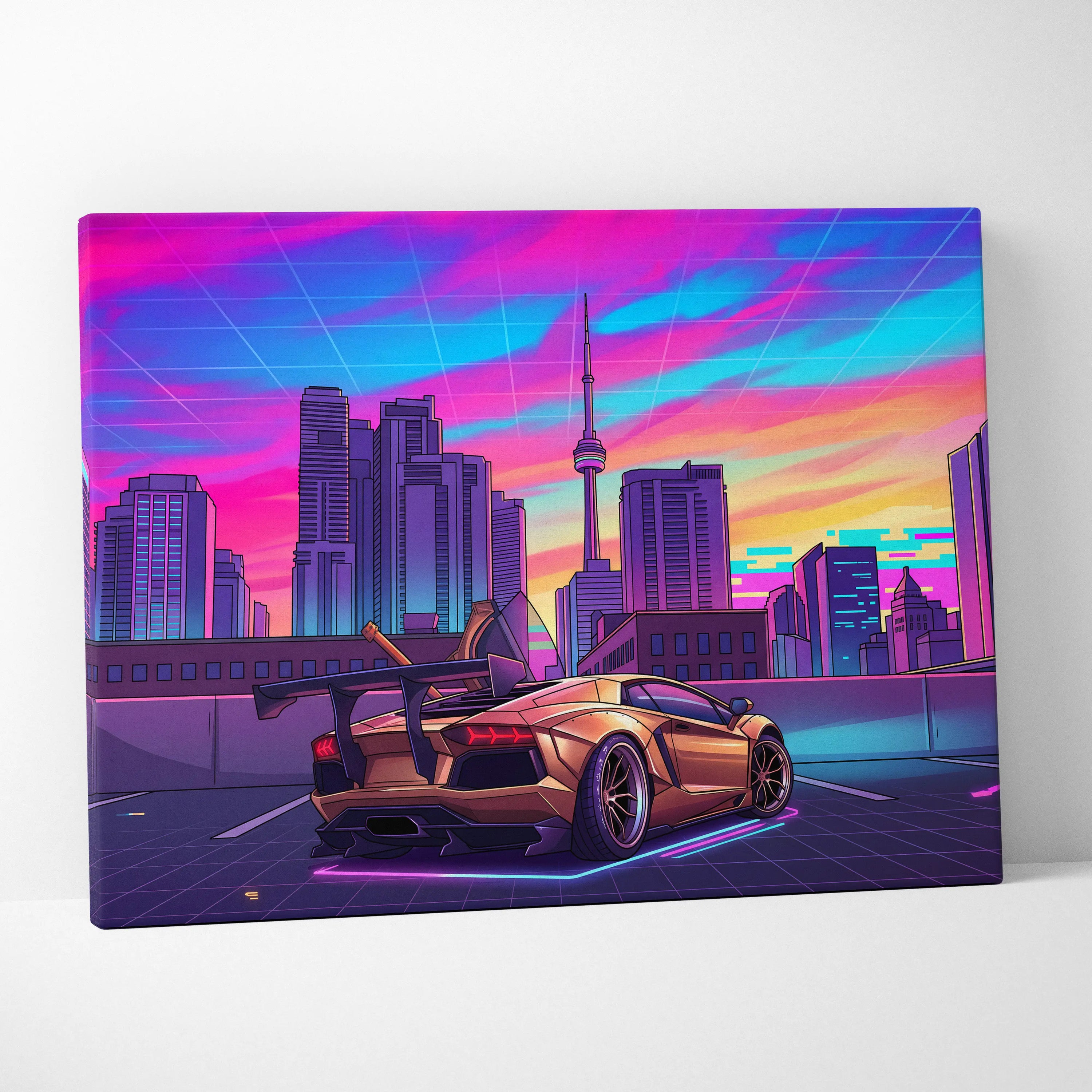 Lamborghini Aventador Inspired Gold Purple Canvas Wall Art, Vaporwave Supercar Artwork, Neon City Skyline Decor, Retro Futuristic Exotic Car Print