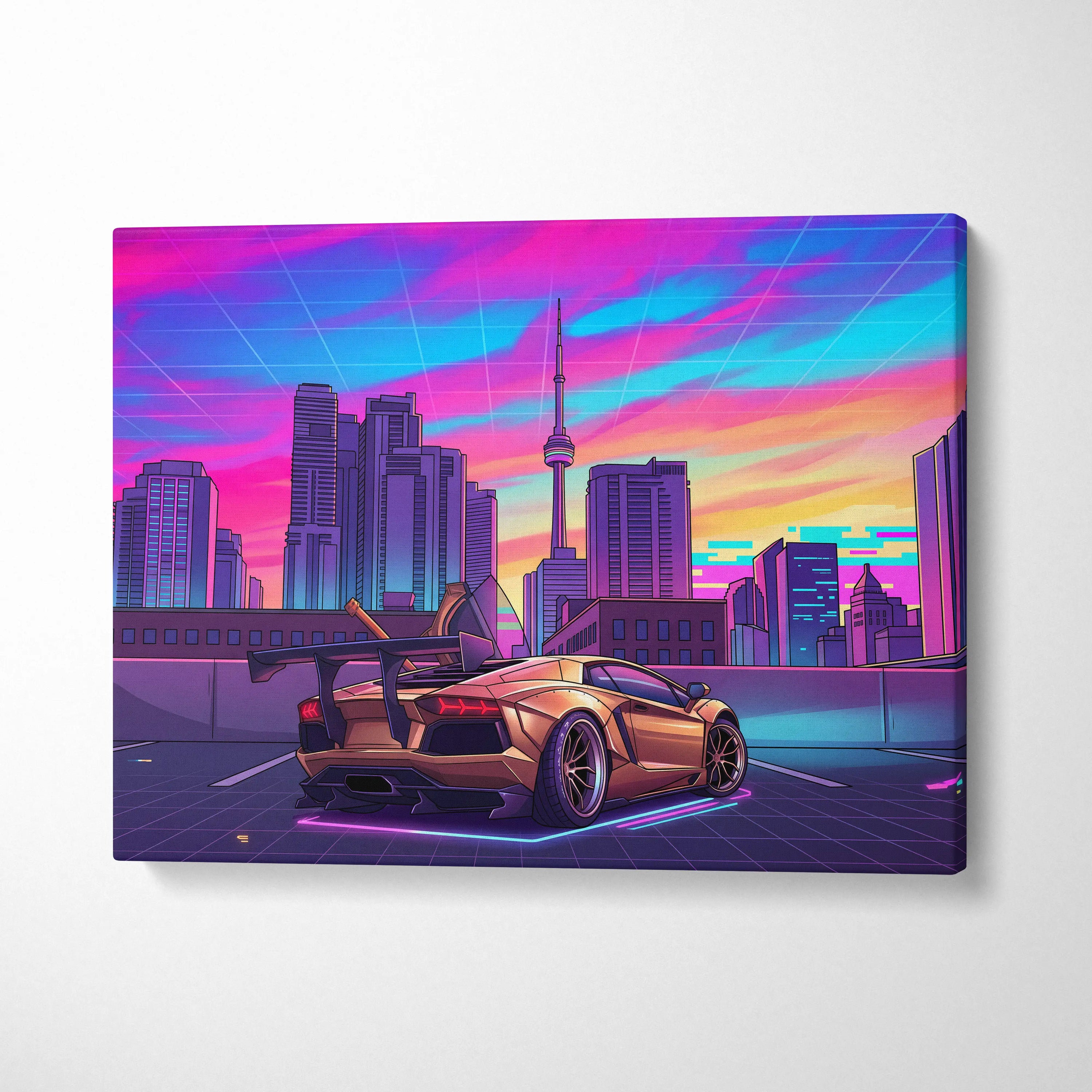 Lamborghini Aventador Inspired Gold Purple Canvas Wall Art, Vaporwave Supercar Artwork, Neon City Skyline Decor, Retro Futuristic Exotic Car Print