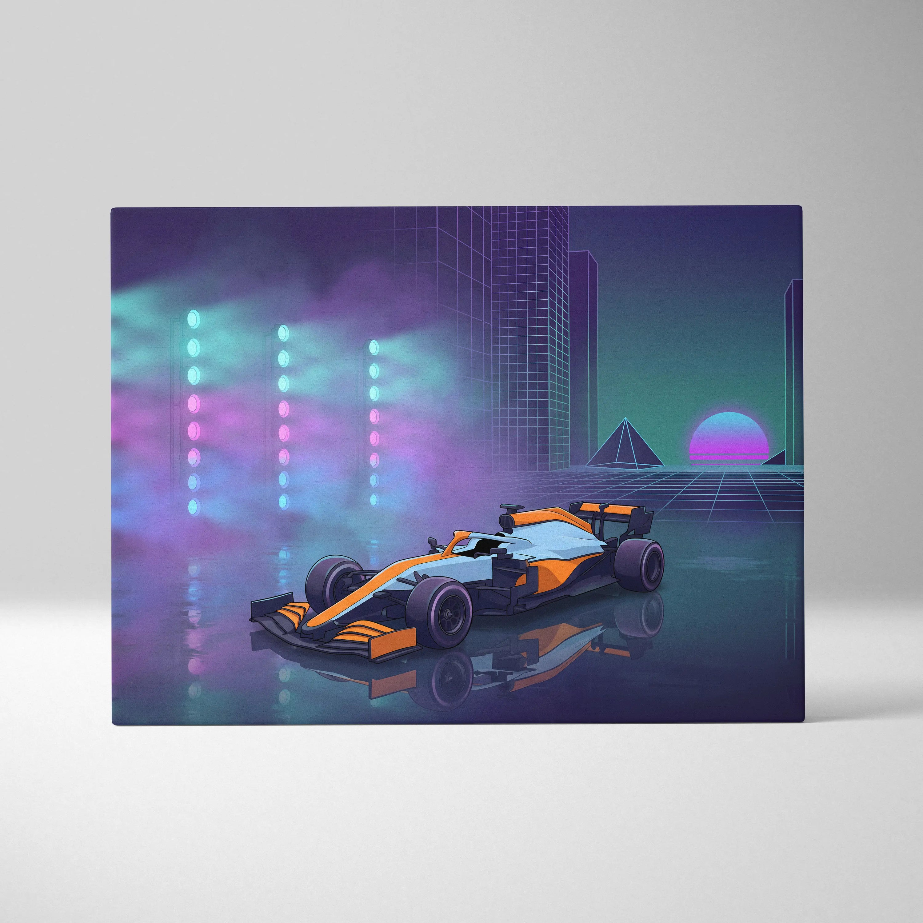 McLaren Formula 1 Inspired Orange Purple Canvas Wall Art, Neon Vaporwave Race Car Artwork for Modern Garage Decor