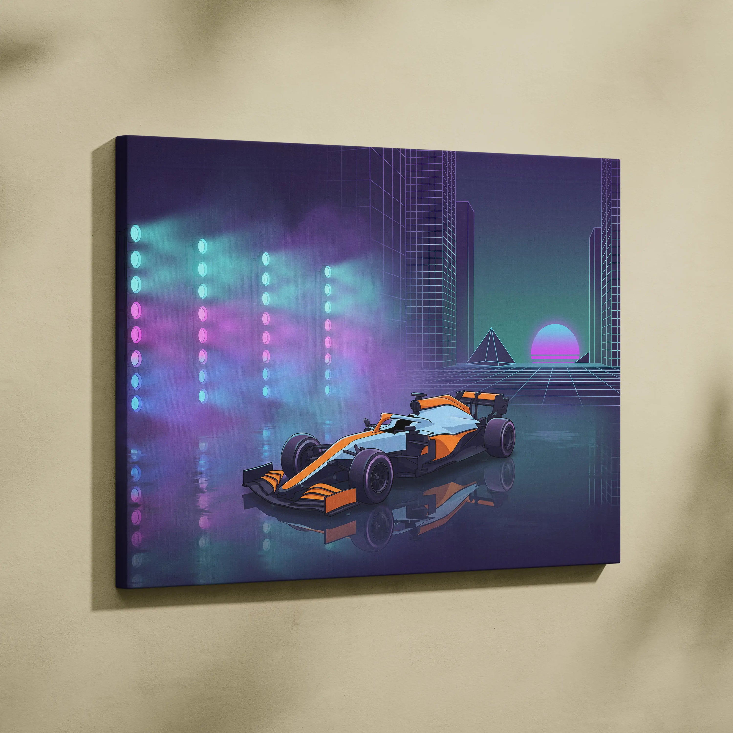 McLaren Formula 1 Inspired Orange Purple Canvas Wall Art, Neon Vaporwave Race Car Artwork for Modern Garage Decor
