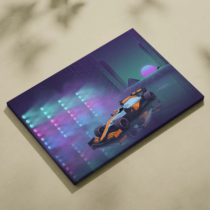 McLaren Formula 1 Inspired Orange Purple Canvas Wall Art, Neon Vaporwave Race Car Artwork for Modern Garage Decor